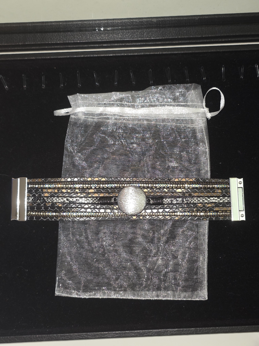 SAACHI Black and Silver Animal Print, Multi-Row Statement Magnetic Bracelet